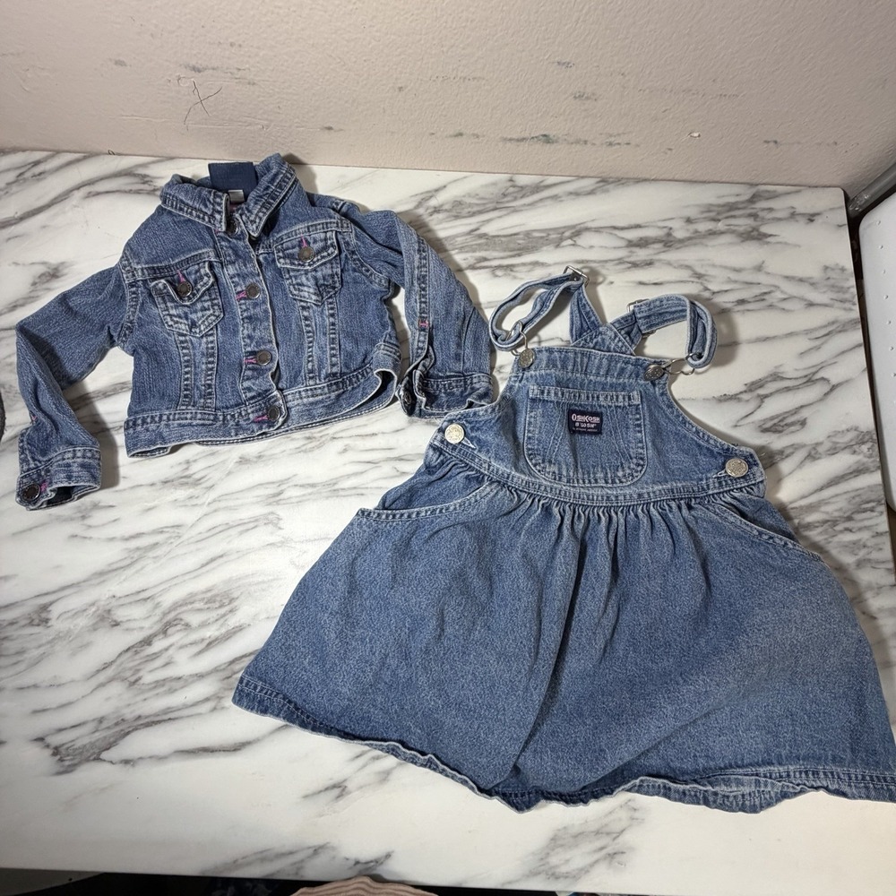 Oshkosh Girls Set Of 2 Y2K Denim‎ Jacket And Overall Dress Size 18 Months / 2T